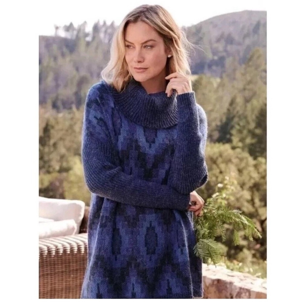 Soft Surroundings diamond Blue Cowl Neck Wool/Alpaca Pullover Tunic Sweater